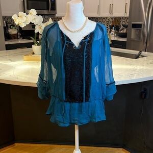 EUC - Daniel Rainn Teal Layered Top w/ Black Lace Detail, Size Small.